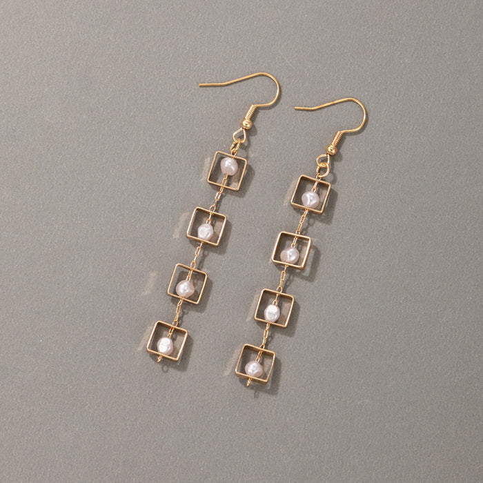 Square pearl long ladies simple earrings