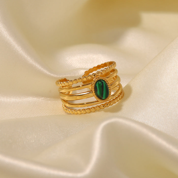 18K Gold Plated Ring with Inlaid Malachite - Women's Stylish Open Ring