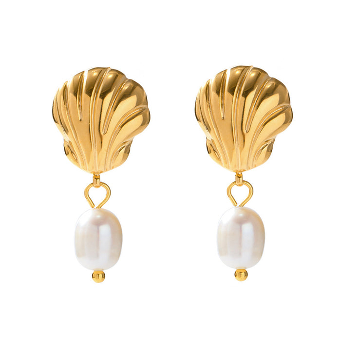 18K Gold Plated Stainless Steel Earrings - Freshwater Pearl Pendant Design Jewelry