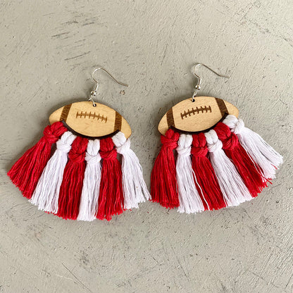 American Football Cheerleader Themed Woven Tassel Wooden Earrings for a Unique Stylish Look