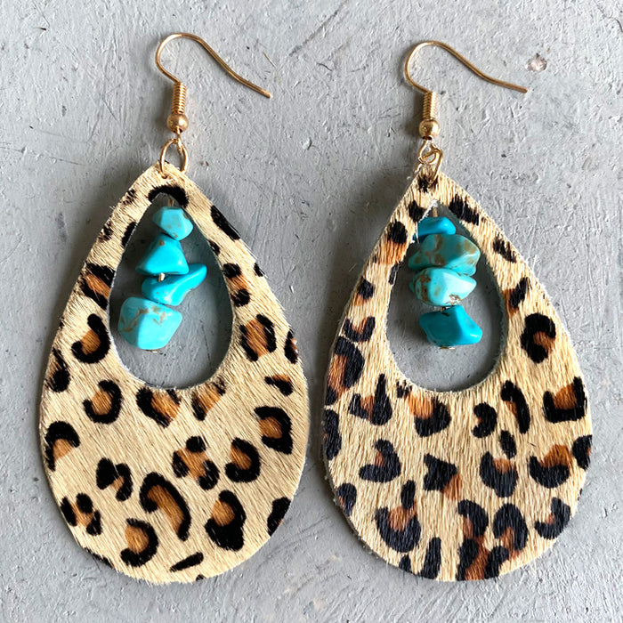 Bohemian Leopard Print Leather Earrings with Turquoise and Ethnic Style