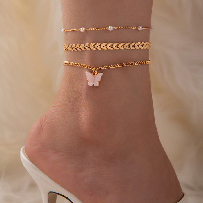 Butterfly Tassel Anklet Set with Pearl Chains - Boho Chic Foot Jewelry