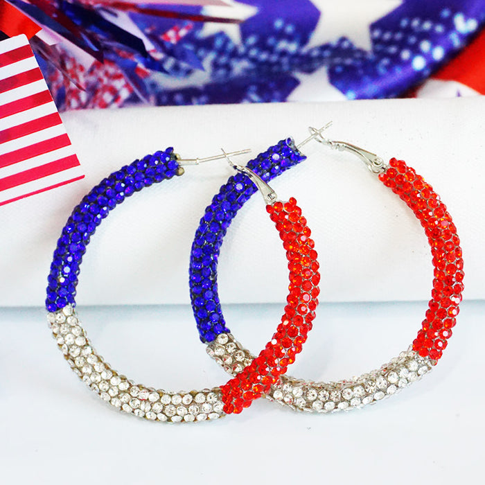 Independence Day Hoop Earrings with Sparkling Rhinestones in Patriotic Colors