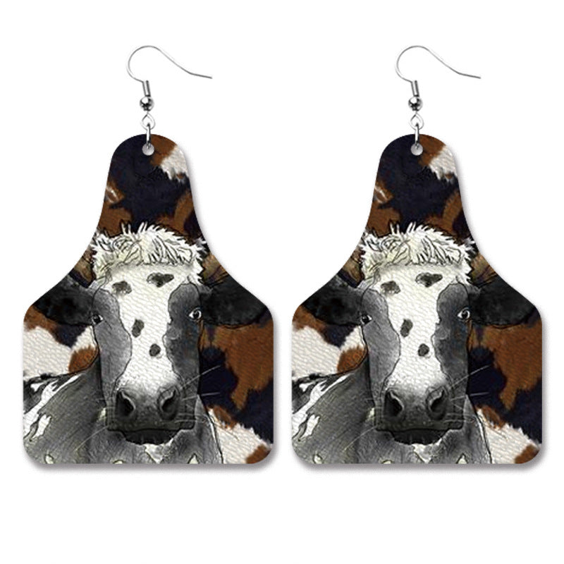 Farm Animal PU Leather Earrings with Cow Tag Design