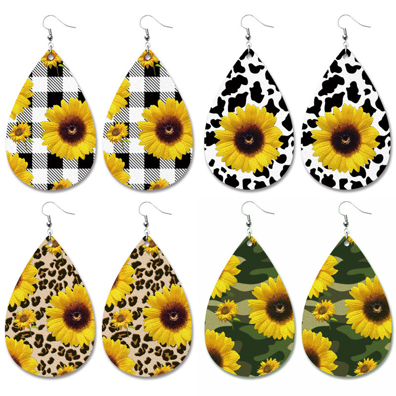 PU Leather Teardrop Earrings with Buffalo Plaid and Sunflower Print