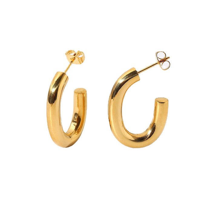 18K Gold Plated Stainless Steel C-Shape Oval Earrings - Trendy Jewelry for Women