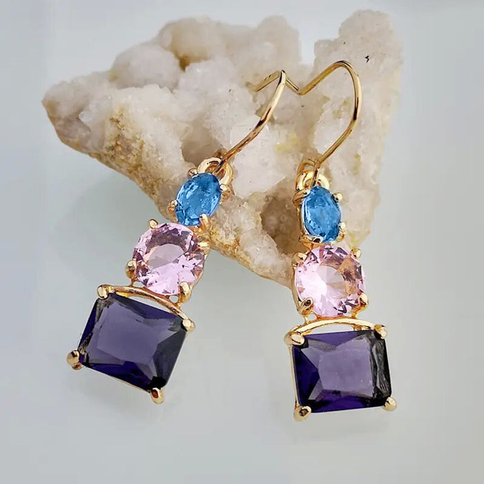 Pendientes de circonitas de colores mezclados en azul y rosa con temperamento, pendientes de moda medianos y largos