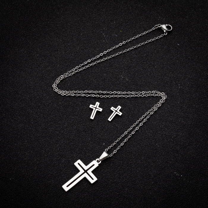 Cross pendant necklace earrings two-piece set, European and American fashion women's hollow jewelry wholesale