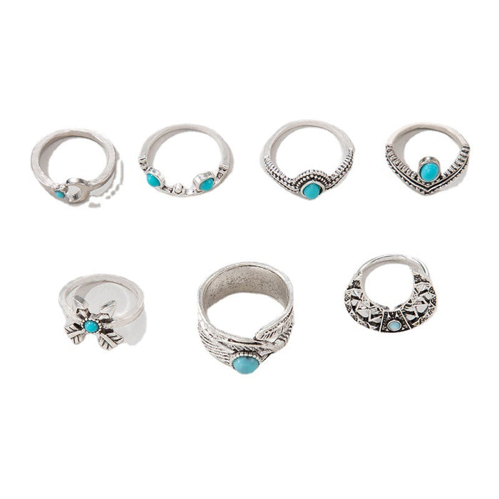 Boho Turquoise Moon Leaf Arrow Seven-Piece Ring Set