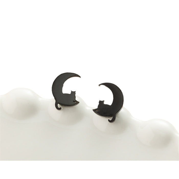 Moon and Cat Stainless Steel Stud Earrings - Simple and Playful Animal Jewelry