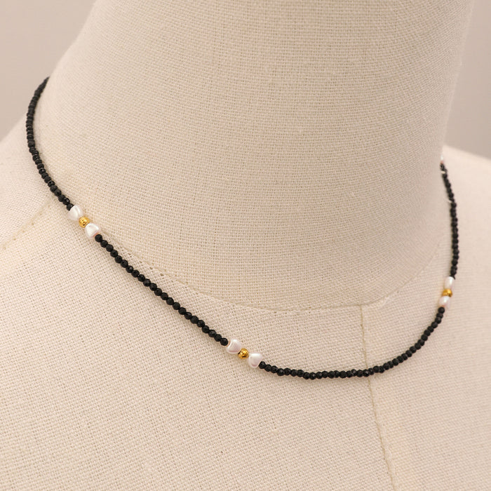 Black beaded pearl clavicle necklace, love titanium steel high-end design