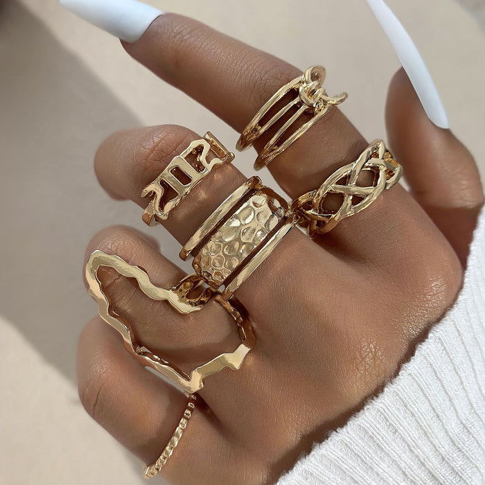 Alloy hollow geometric number ring 5-piece set