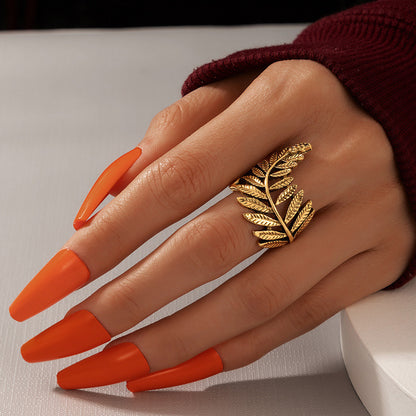 Punk style leaf feather mesh vintage single ring