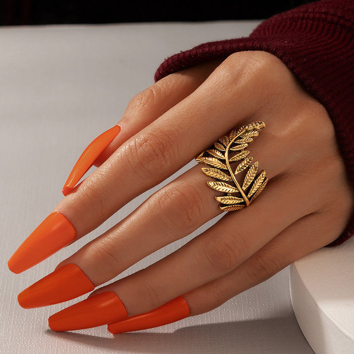 Punk style leaf feather mesh vintage single ring