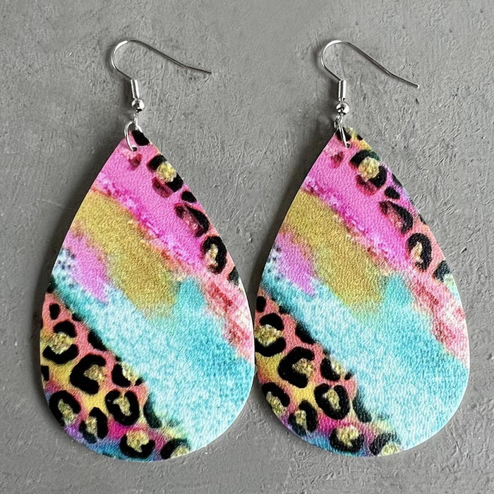 Christmas Leopard Print and Dino Text Teardrop Leather Earrings