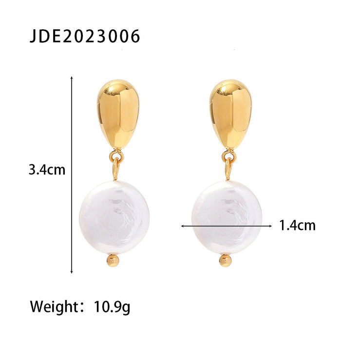 French Style New Titanium Steel Earrings - Fashionable Stainless Steel Natural Freshwater Pearl Pendant Earrings