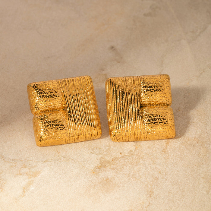 18K Gold Plated Stainless Steel Square Textured Earrings - Fashionable Stainless Steel Jewelry