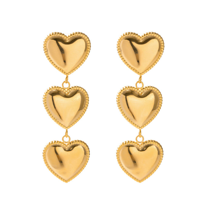 18K Gold Plated Stainless Steel Triple Heart Tassel Earrings - Trendy Fashion Jewelry for Women