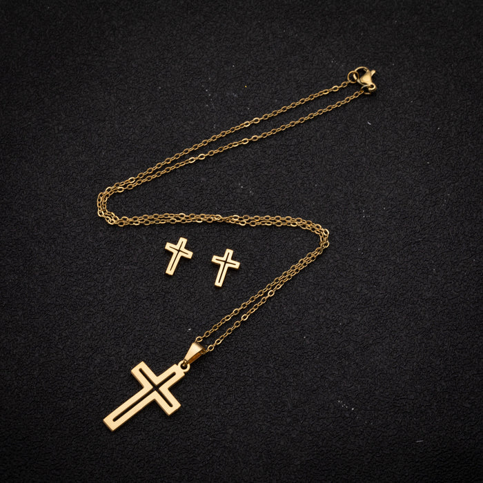 Cross pendant necklace earrings two-piece set, European and American fashion women's hollow jewelry wholesale