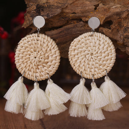 Bohemian Woven Round Multi-Layer Tassel Earrings with Rustic Wedding Design