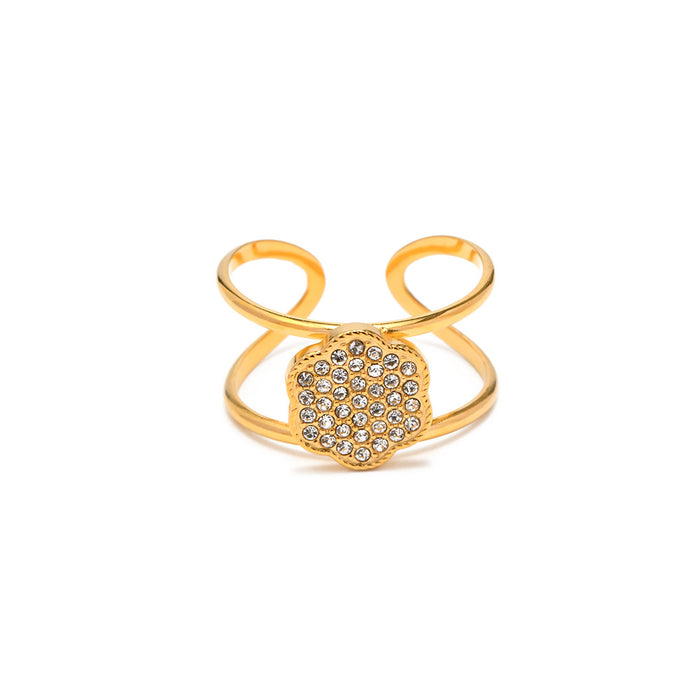 18K Gold Plated Stainless Steel Full Zircon Floral Open Ring - Minimalist Design