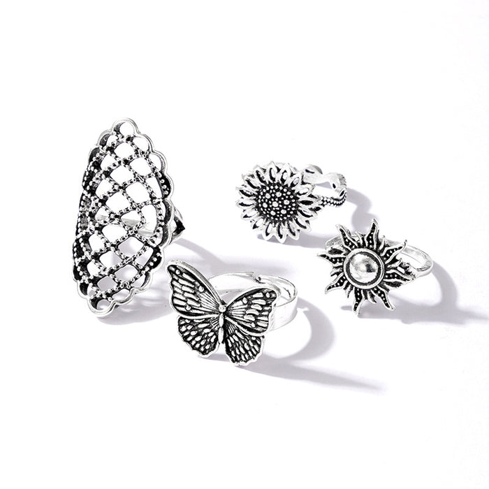 Butterfly, flower and sun vintage silver ring set of 4