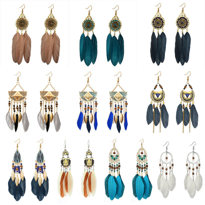 Ethnic style feather long earrings gold leaf round bead earrings