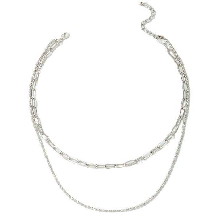 Collar de doble capa con cadena de cuentas y cadena de clavícula multicapa con cuentas geométricas de plata