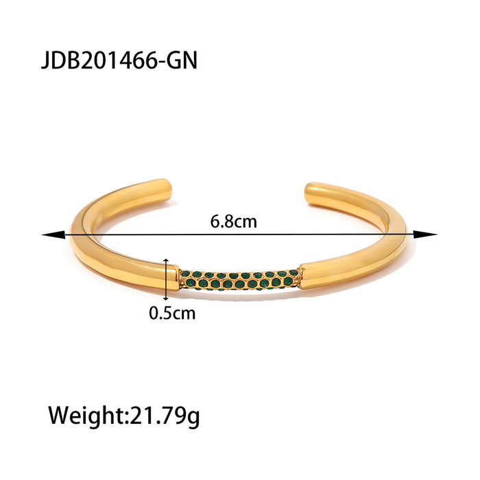 Trending European 18K Gold Plated Green Zircon Open Bracelet - Vacuum Plated Stainless Steel Jewelry