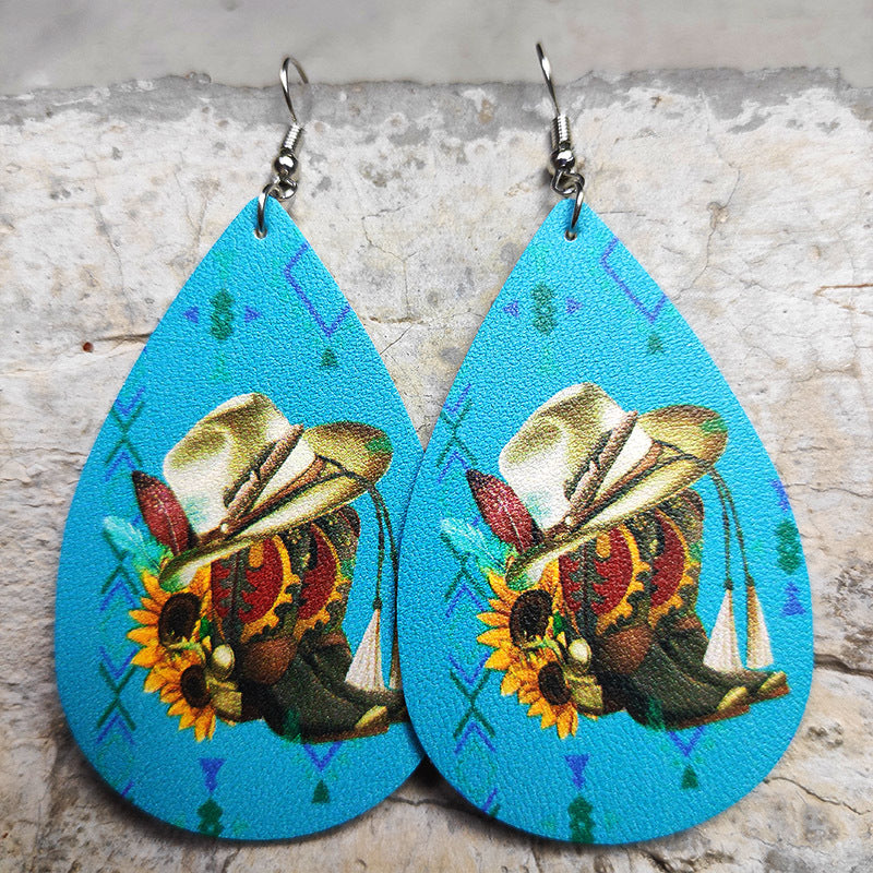 Cross Teardrop Leather Earrings with Western Flag Sunflower and Boot Design