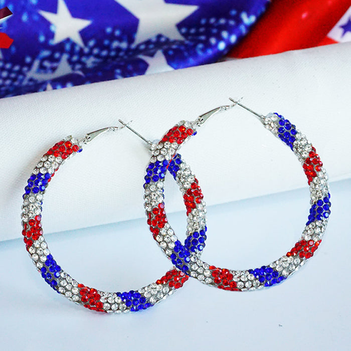 Independence Day Hoop Earrings with Sparkling Rhinestones in Patriotic Colors