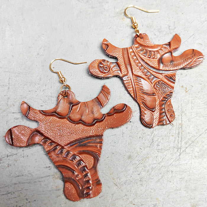 Vintage Embossed Leather Bullhead Pendant Earrings with Western Cowboy Style