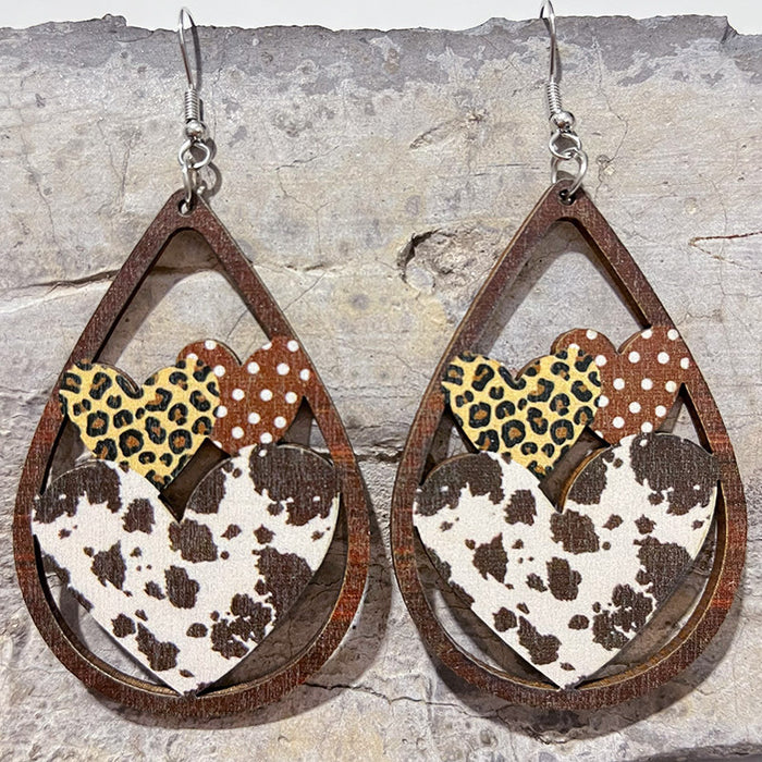 Wooden love leopard print earrings