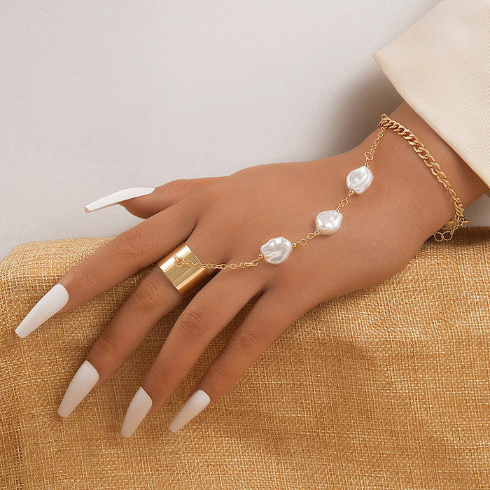 Pearl Embedded Chain Ring Bracelet - Bohemian Faux Pearl Jewelry for Women