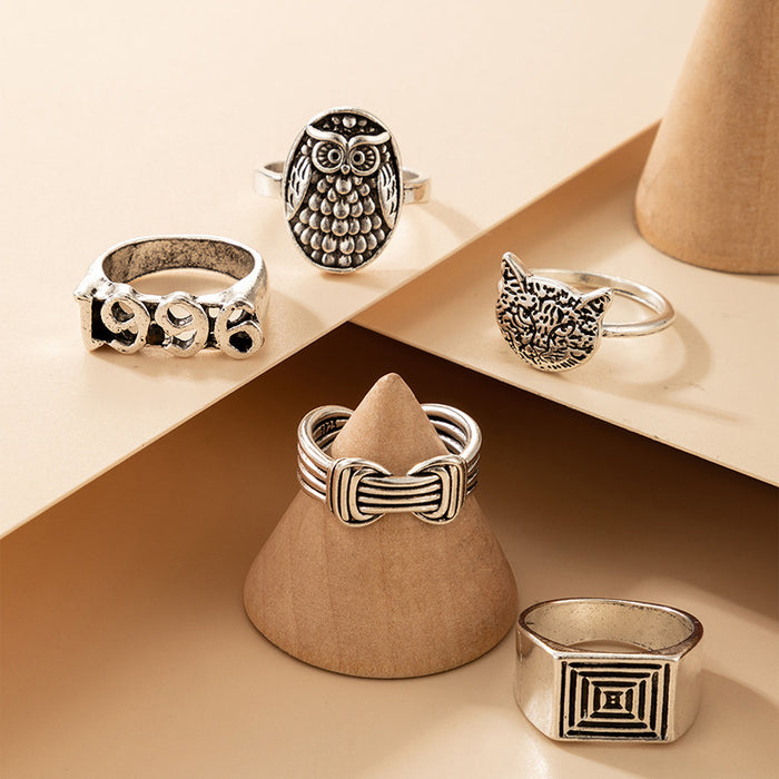 Retro Animal Hip Hop Number Ring 5-Piece Set