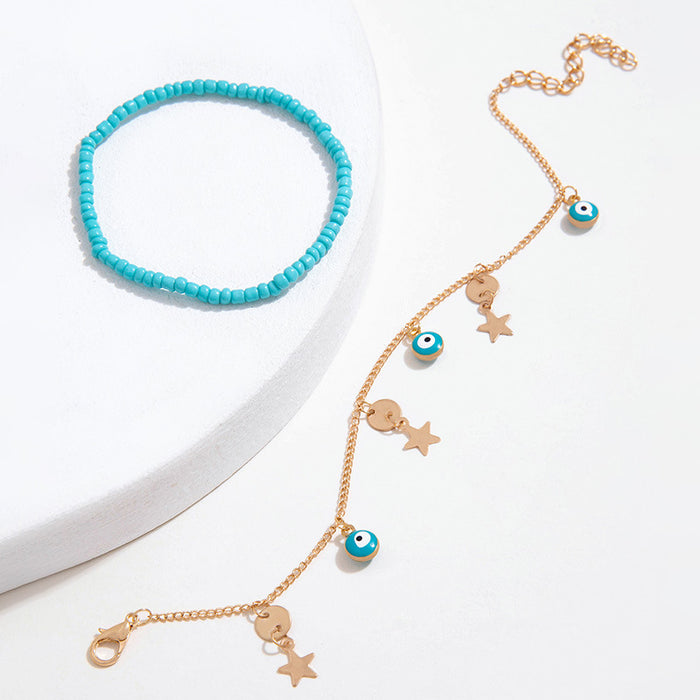 Geometric Multilayer Blue Eye Anklet with Beaded Strands - Stylish Beach Jewelry