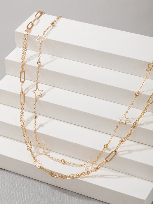 Gold Star Hollow Double Layer Necklace with Small Bead Chain and Alloy Multi-Layer Design