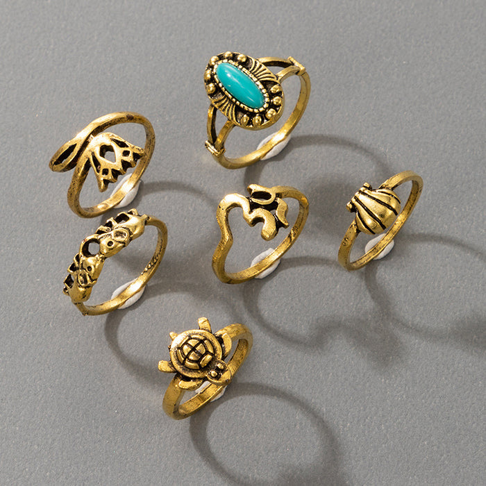 Ocean Style Turtle Shell Turquoise Leaf Ring 6-Piece Set