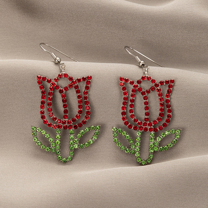 Red diamond big rose earrings