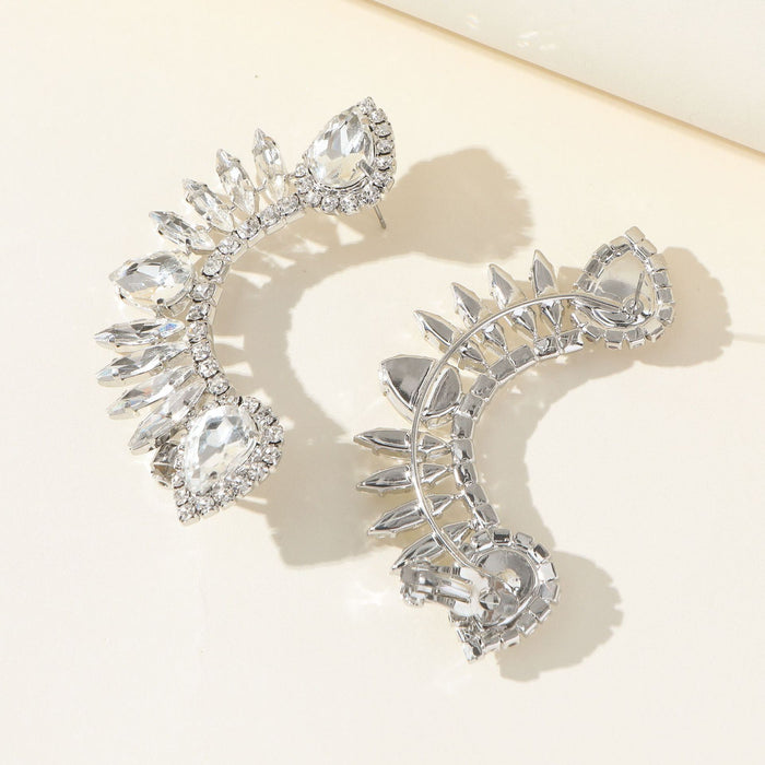 Sparkling Curved Rhinestone Earrings - Exaggerated Ear Cuffs with Clip-On Design