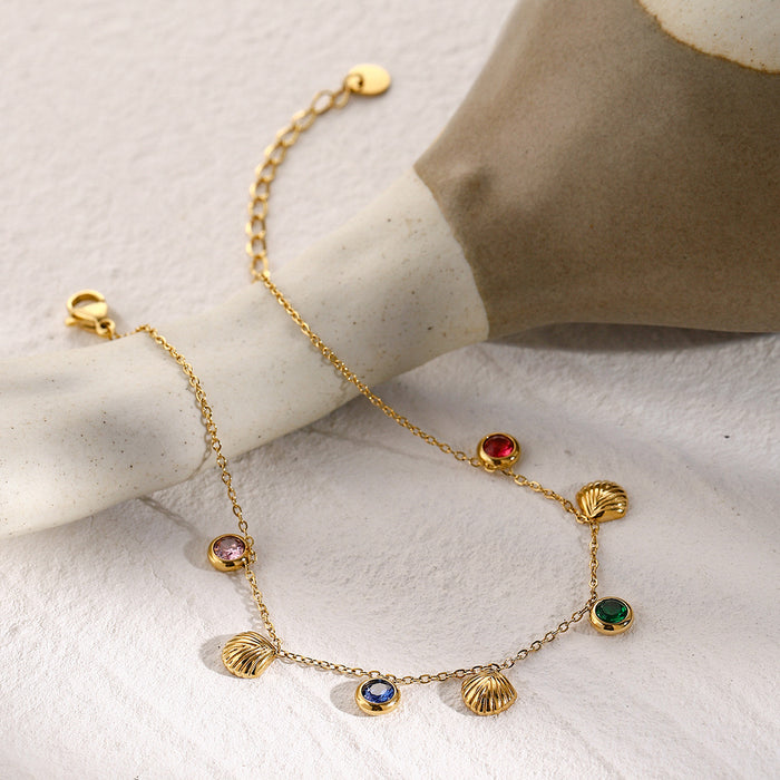 16K Gold Plated Stainless Steel Anklet - Fine Gold Chain with Colorful Zircon for Summer Fashion