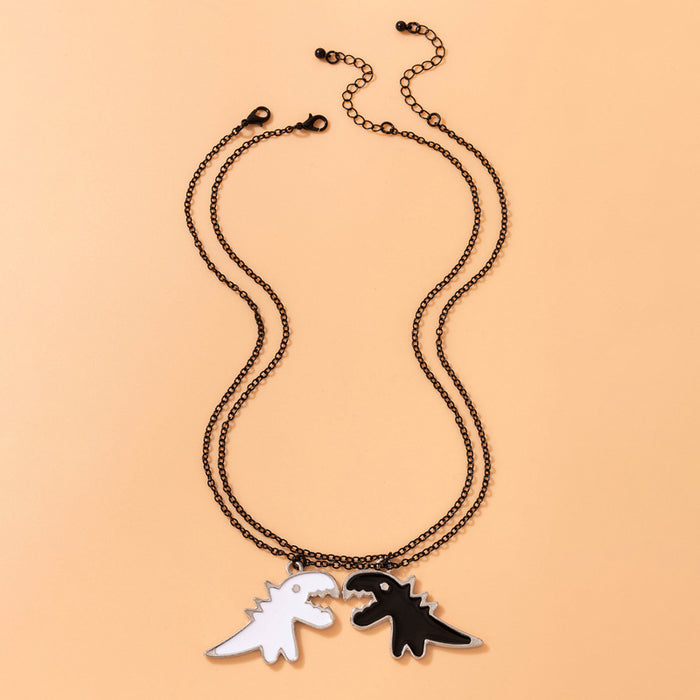 Black and White Dinosaur Couple Necklace with Irregular Animal Double Layer Design