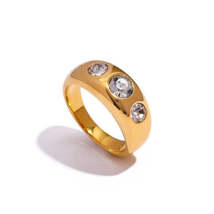 Anillo minimalista de acero inoxidable con triple circonita en oro de 18 quilates, estilo europeo