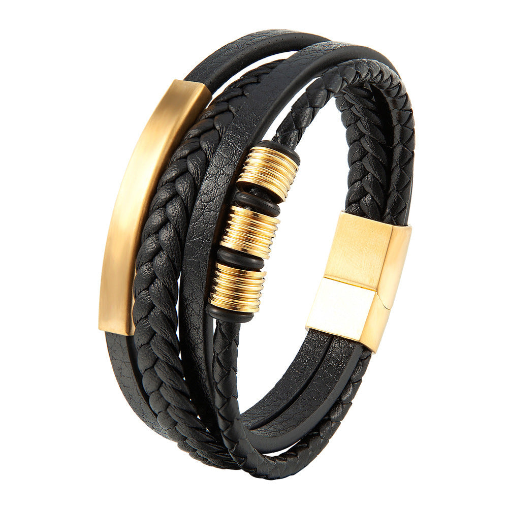 Bracelet Stainless Steel Leather Woven Multi Layer - wallojewerly 