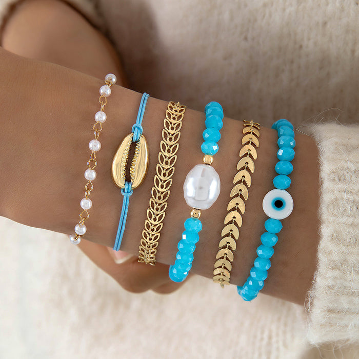 Blue Beaded Shell Bracelet Set with Evil Eye - Six Pieces