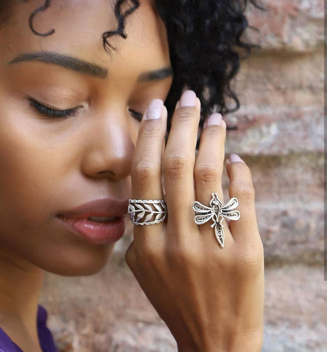 Simple geometric hollow antique silver leaf dragonfly ring 2-piece set