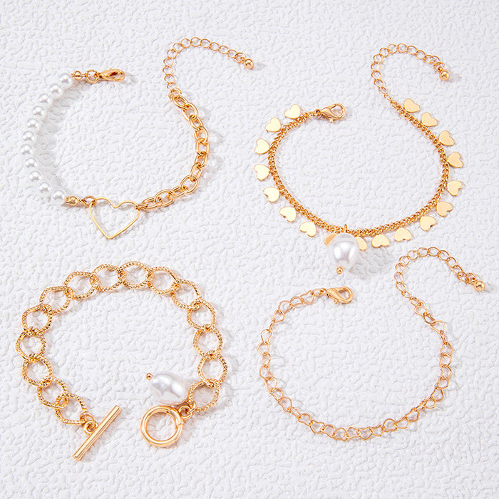 Unique Metal Chain Bracelet Set - Creative Heart Pearl Jewelry