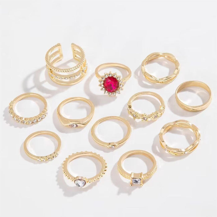 High-End Diamond Heart Eye Ring Set – Luxe Stackable Geometric Open Rings, 12-Piece Collection