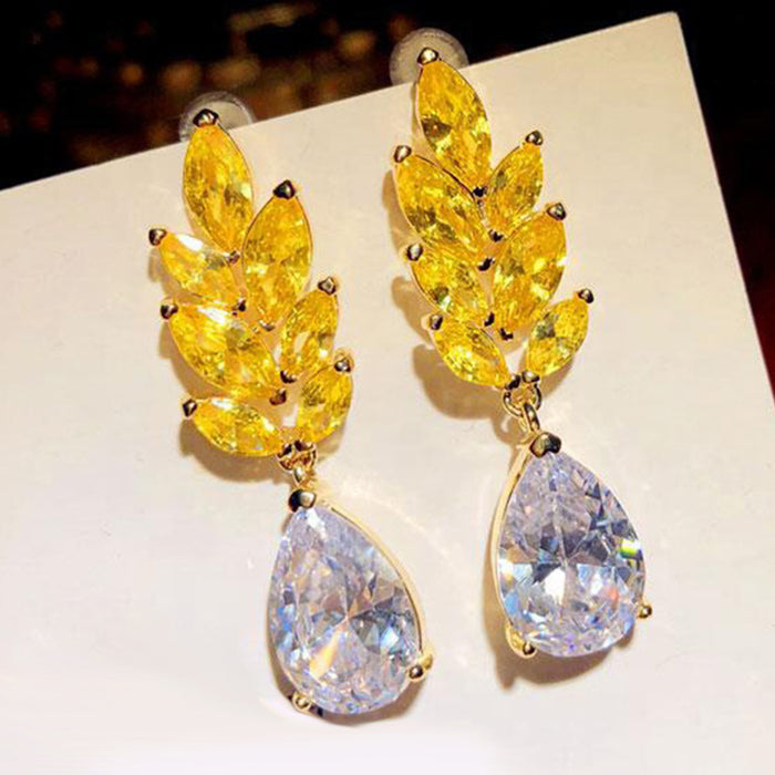 Golden wheat ear teardrop zircon earrings for women