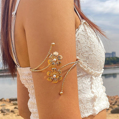 gold flower pearl inlaid arm chain retro exaggerated bracelet